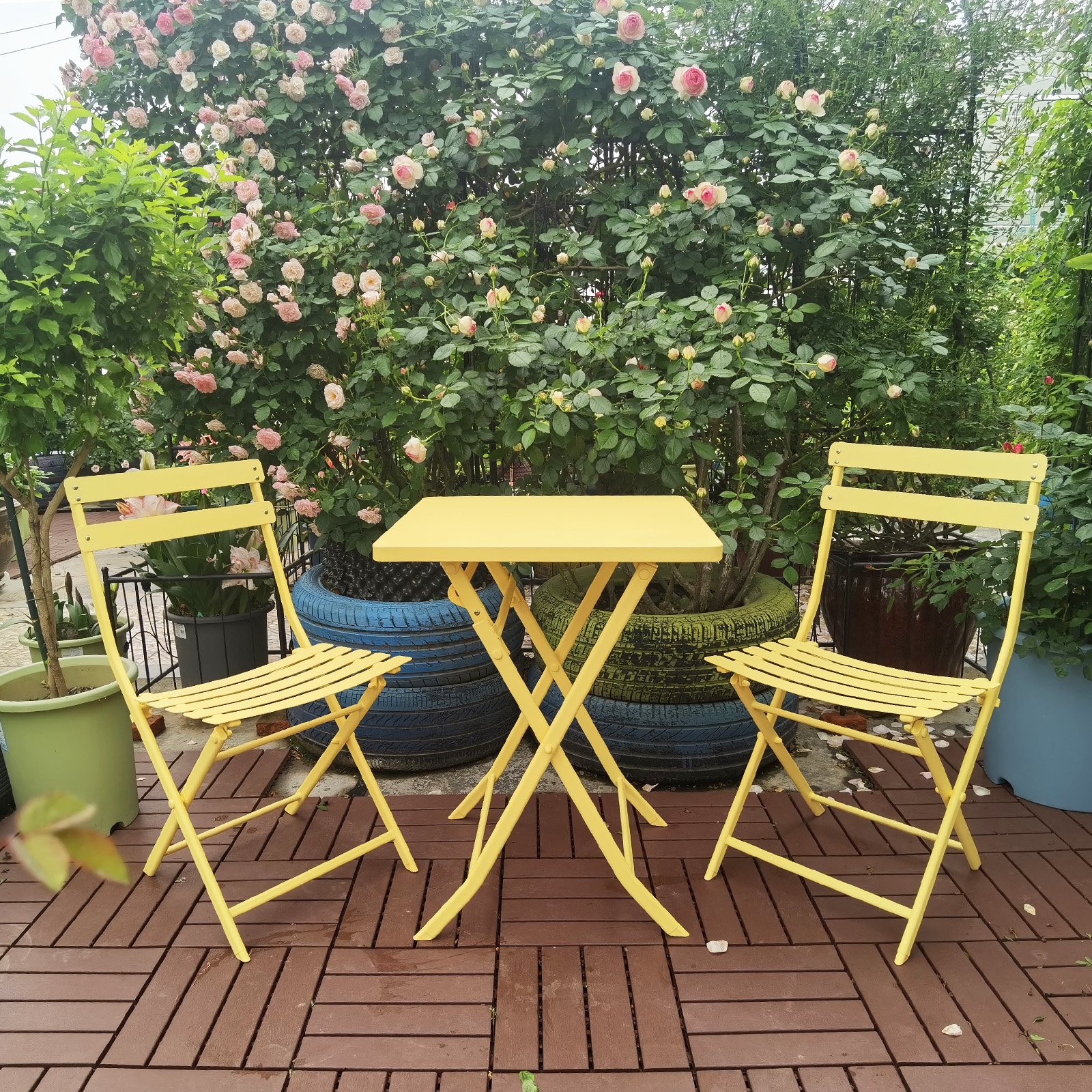 3 Piece Patio Bistro Set Of Foldable Square Table And Chairs - Yellow - Image 3