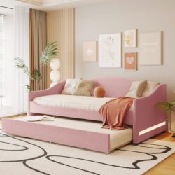 Twin Size Upholstered Daybed With Light And Trundle - Pink