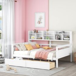 Full Size Daybed, Slat Support, With Bedside Shelf And Two Drawers - White