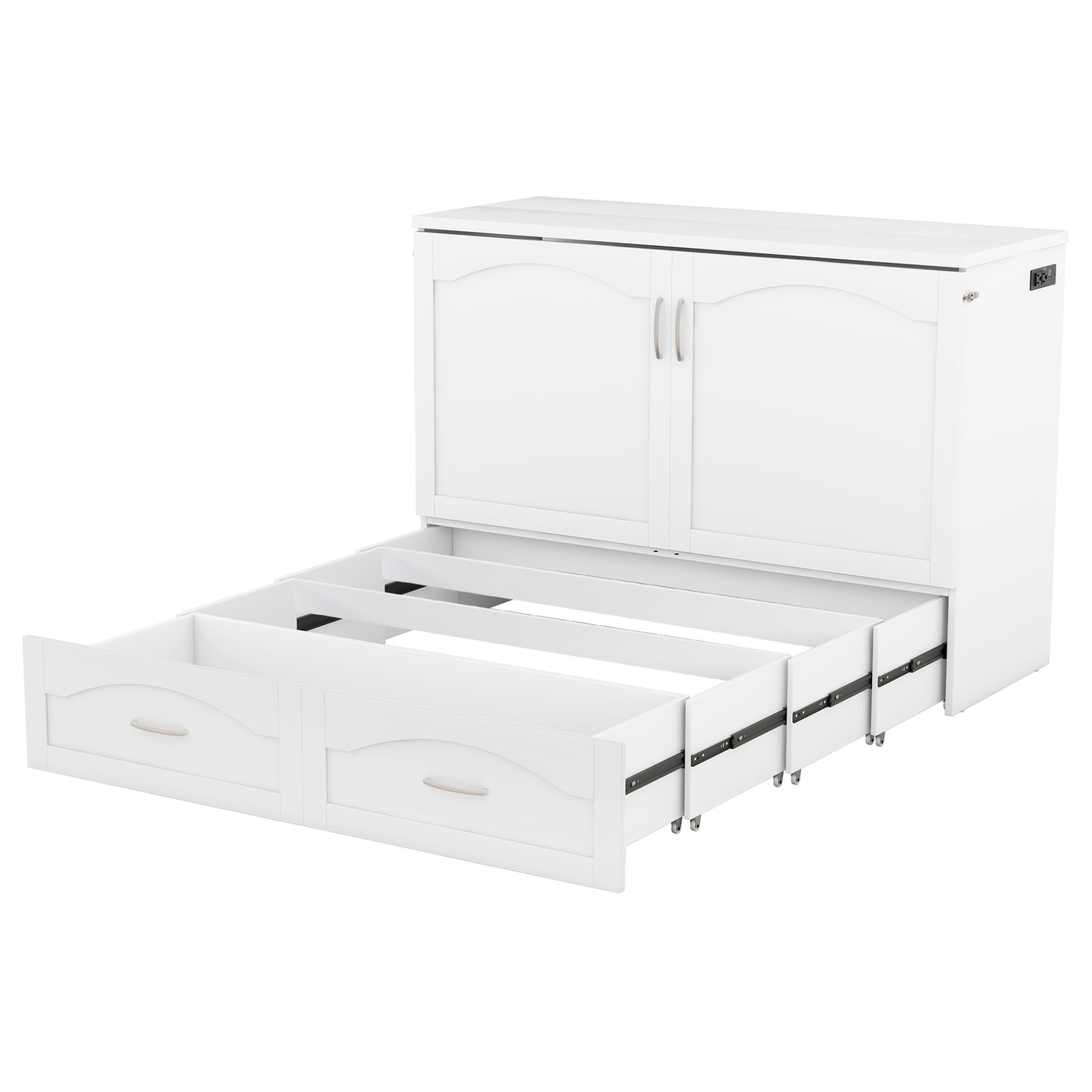 Full Size Murphy Wall Bed With Drawer And A Set Of Sockets & USB Ports, Pulley Structure Design - White - Image 20
