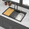 Modern Quartz Composite Waterfall Kitchen Sink With Pull Out Faucet, 33 X 22" - Black - Image 9