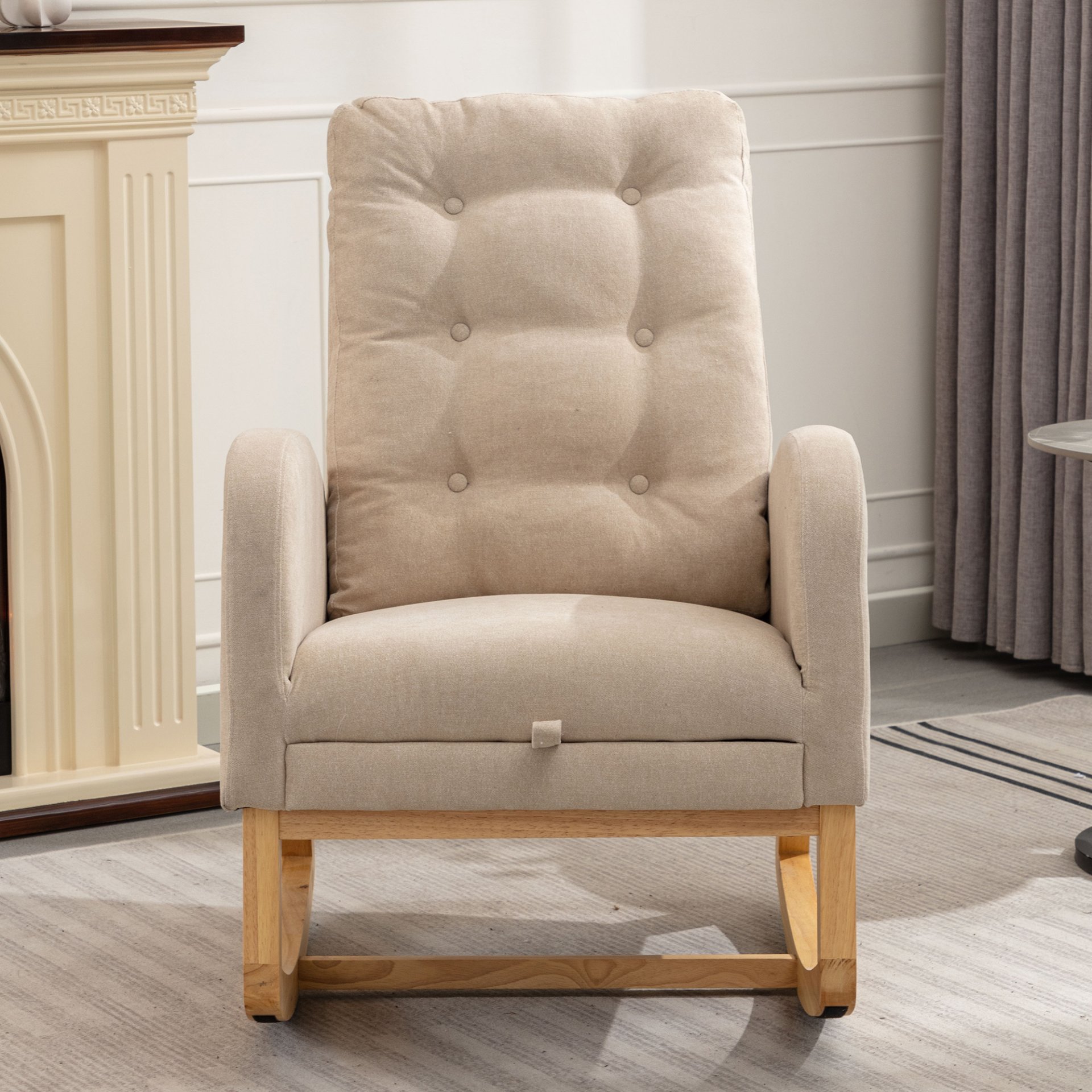 Accent Rocking Chair With Footrest High Back Rubber Wood Rocking Legs Bedroom Living Space - Beige - Image 11