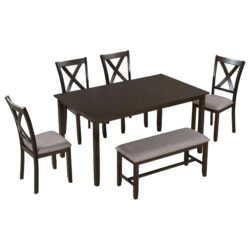 6 Piece Kitchen Dining Table Set Wooden Rectangular Dining Table, 4 Chairs And Bench Family Furniture - Espresso