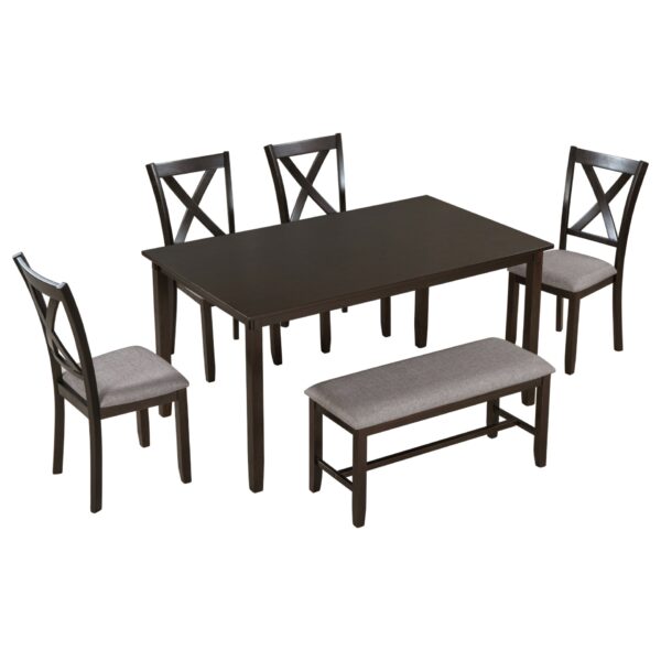 6 Piece Kitchen Dining Table Set Wooden Rectangular Dining Table, 4 Chairs And Bench Family Furniture - Espresso