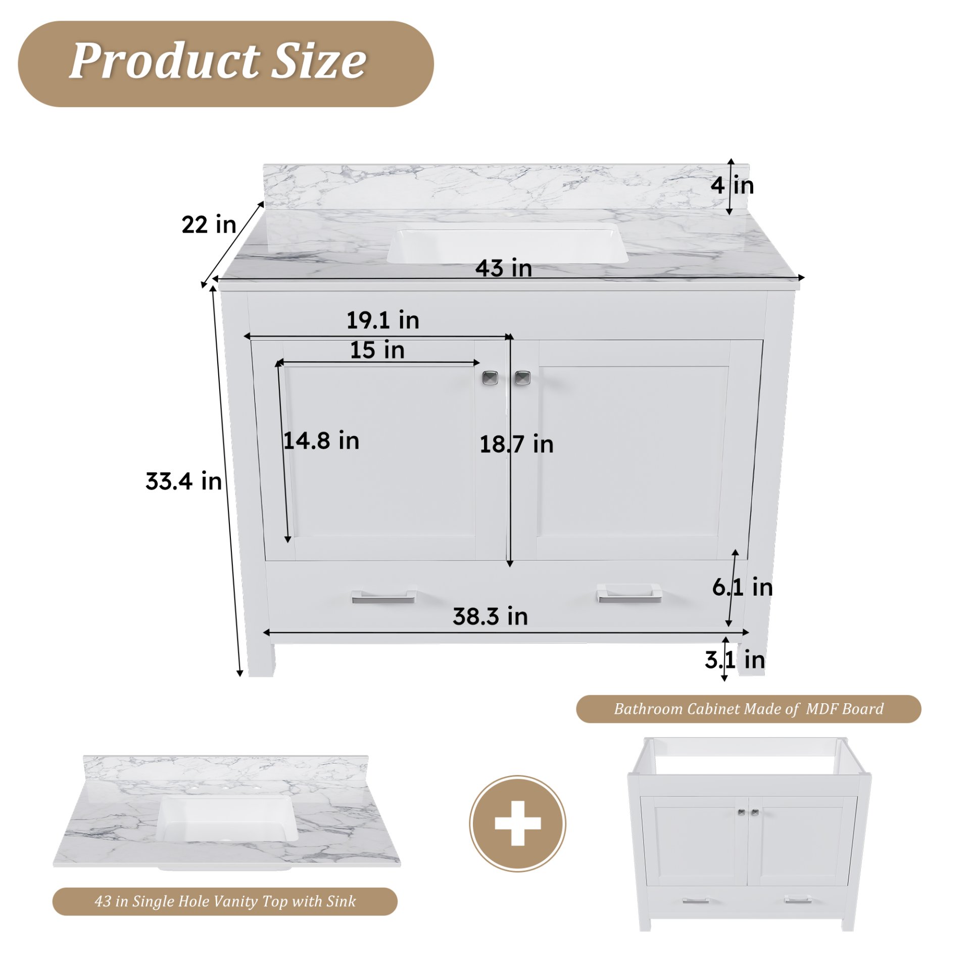 43" Bathroom Vanity, Multi Functional Cabinet - White - Image 3