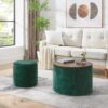 Classic Style 2 Piece Round Chenille Storage Ottoman Set With Drum Shaped Stool, Desktop - Dark Green - Image 3
