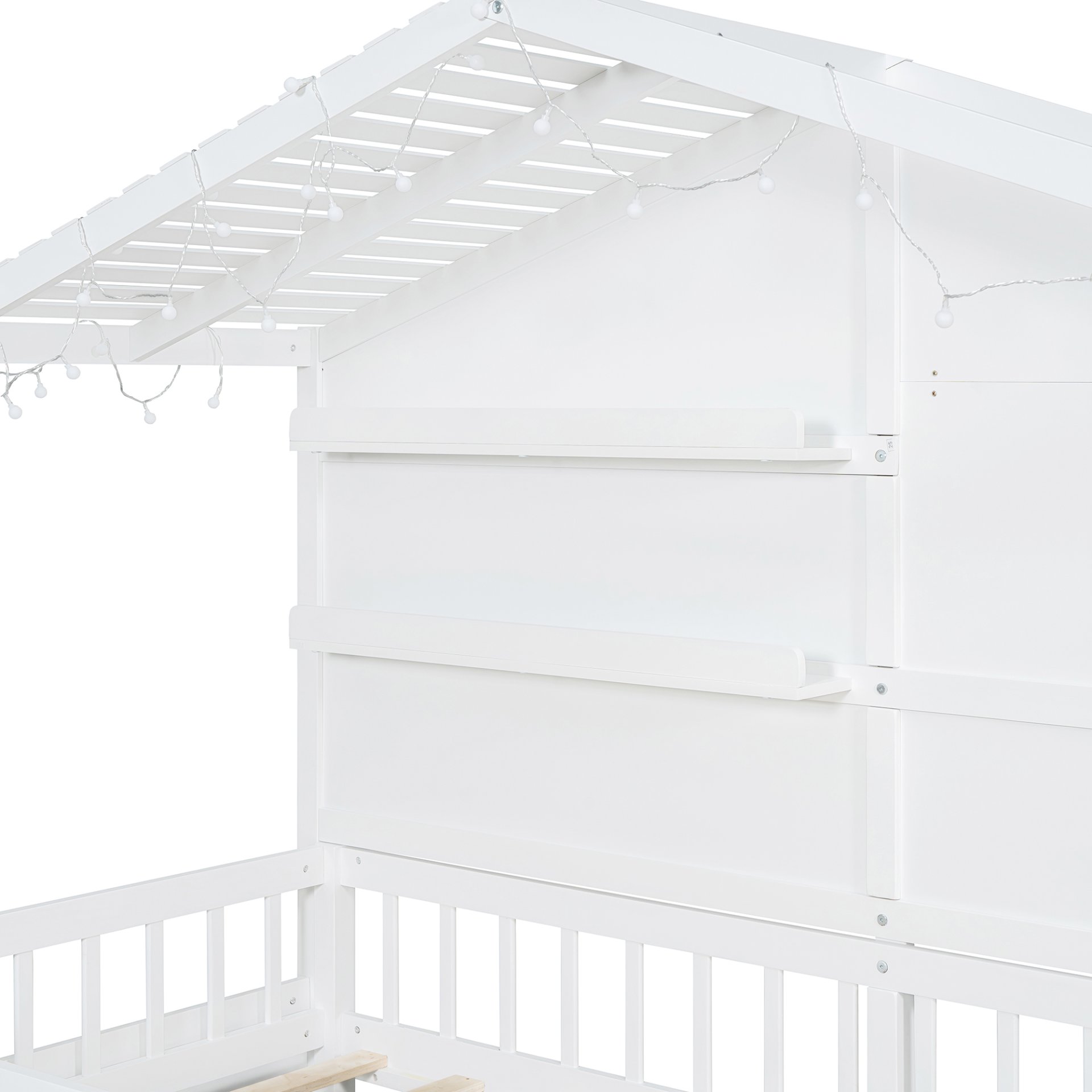 Twin Size House Bed With Shelves, Window And Sparkling Light Strip On The Roof - White - Image 16