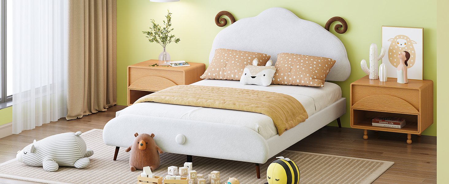 Full Size Upholstered Platform Bed With Sheep Shaped Headboard - White - Image 18