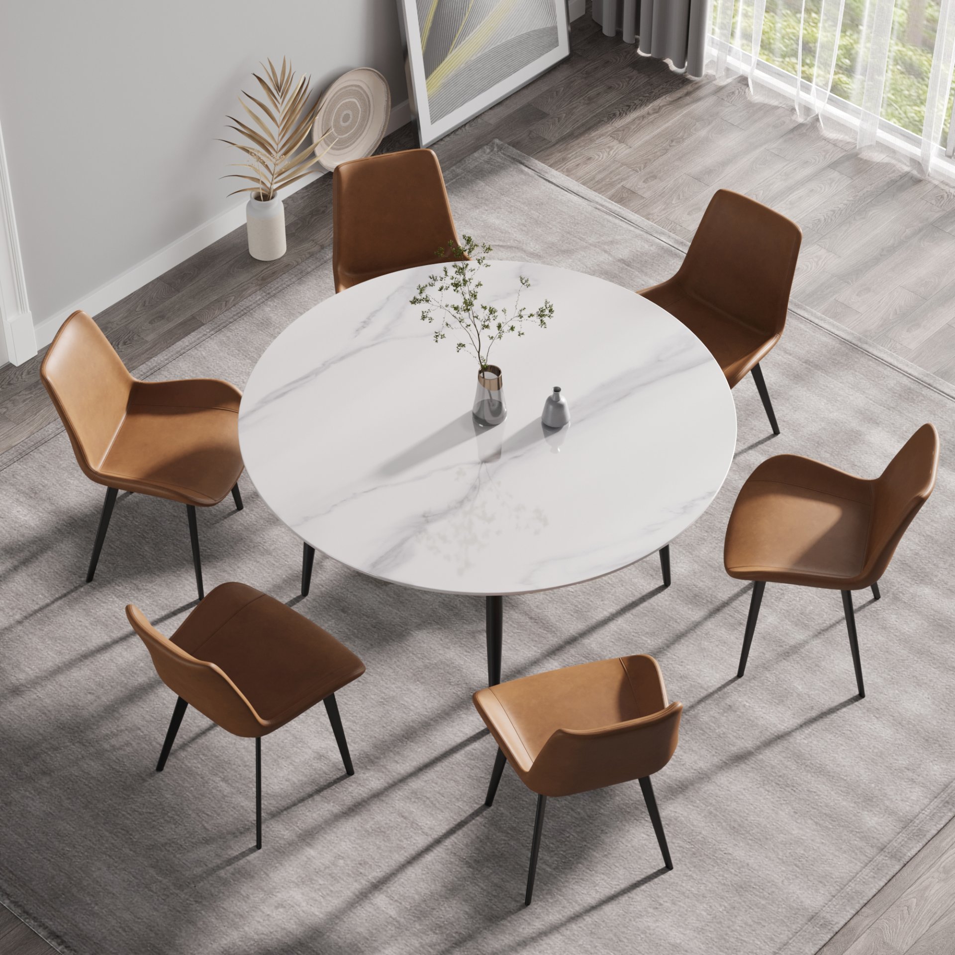 59.05" Modern Man-Made Stone Round Metal Dining Table-Position For 6 People - White / Black - Image 4