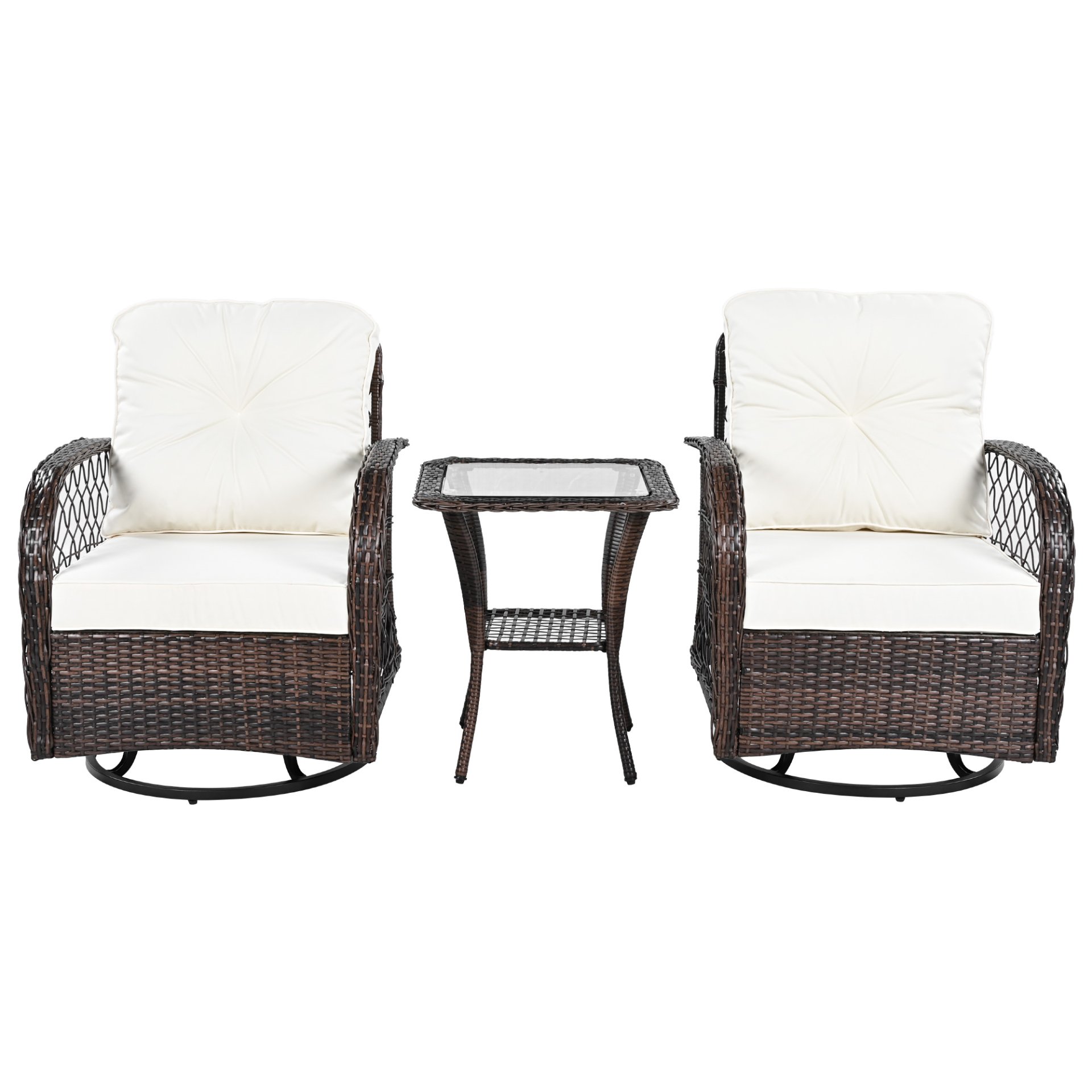 3 Piece Outdoor Chair & Table Set Chat Set 2 Person Rattan Seating Group With 2 Swiveling And Rocking Chairs And A Square Table For Garden, Patio, Or Balcony - Brown - Image 11