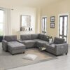 Sectional With Acrylic Table Top U Shaped Couch Set With 2 Consoles USB Charger, Storage Drawers And Pockets Movable Ottoman Tufted Sofa - Gray - Image 17
