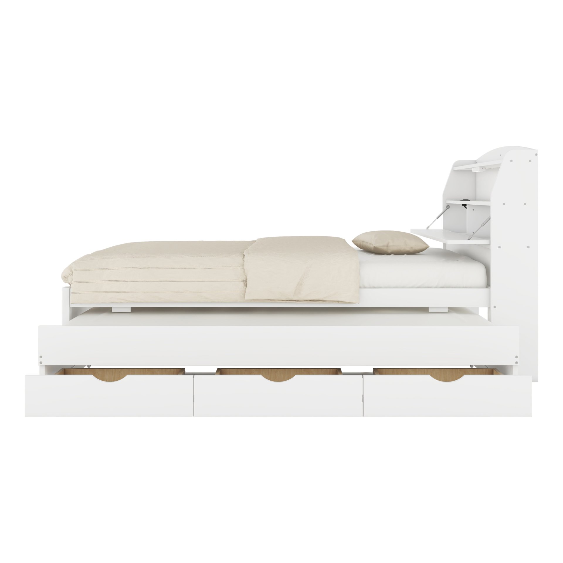 Full Size LED Platform Bed With Trundle With Storage Headboard With Drawers - White - Image 8
