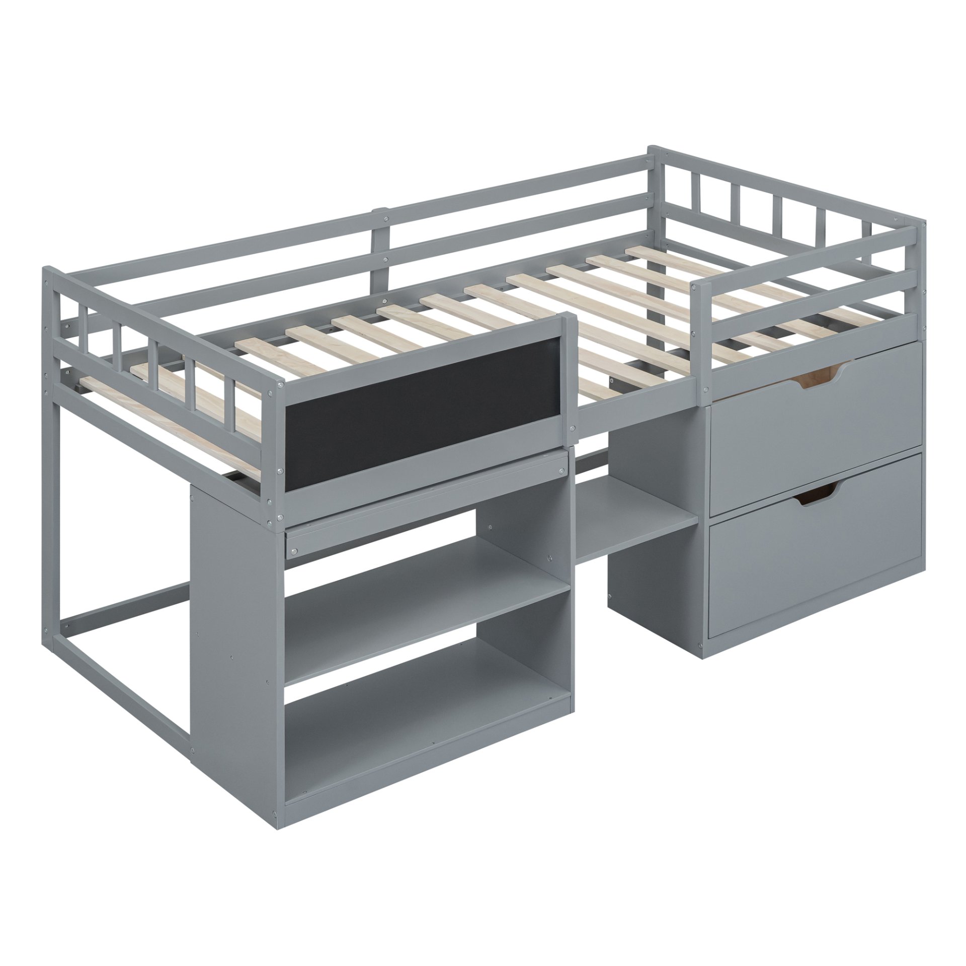 Twin Size Low Loft Bed With Rolling Desk, Shelf And Drawers - Gray - Image 5