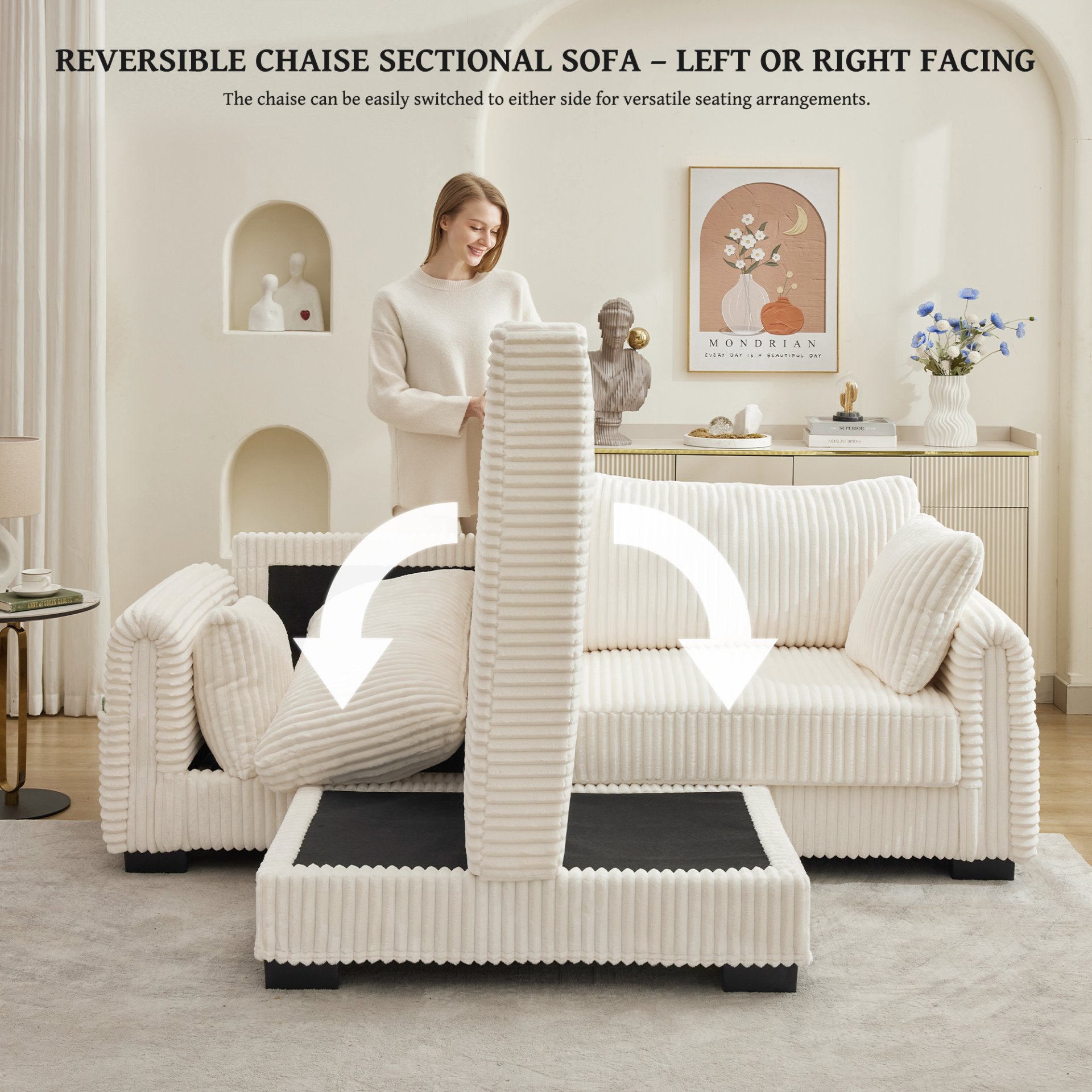 2 Seater L Shaped Chaise Sofa With Reversible Cushion Corduroy Fabric, USB - C Charging Port, Storage Pocket, Convertible Left / Right Design For Living Room - Beige - Image 6