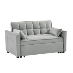 Modern Velvet Convertible Loveseat Futon Sofa With Pullout Bed, Reclining Backrest, Toss Pillows, And Pockets - Gray