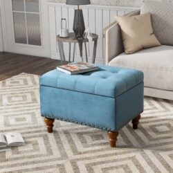Retro Style Square Velvet Upholstered Ottoman With Storage And Rivet Trim - Light Blue