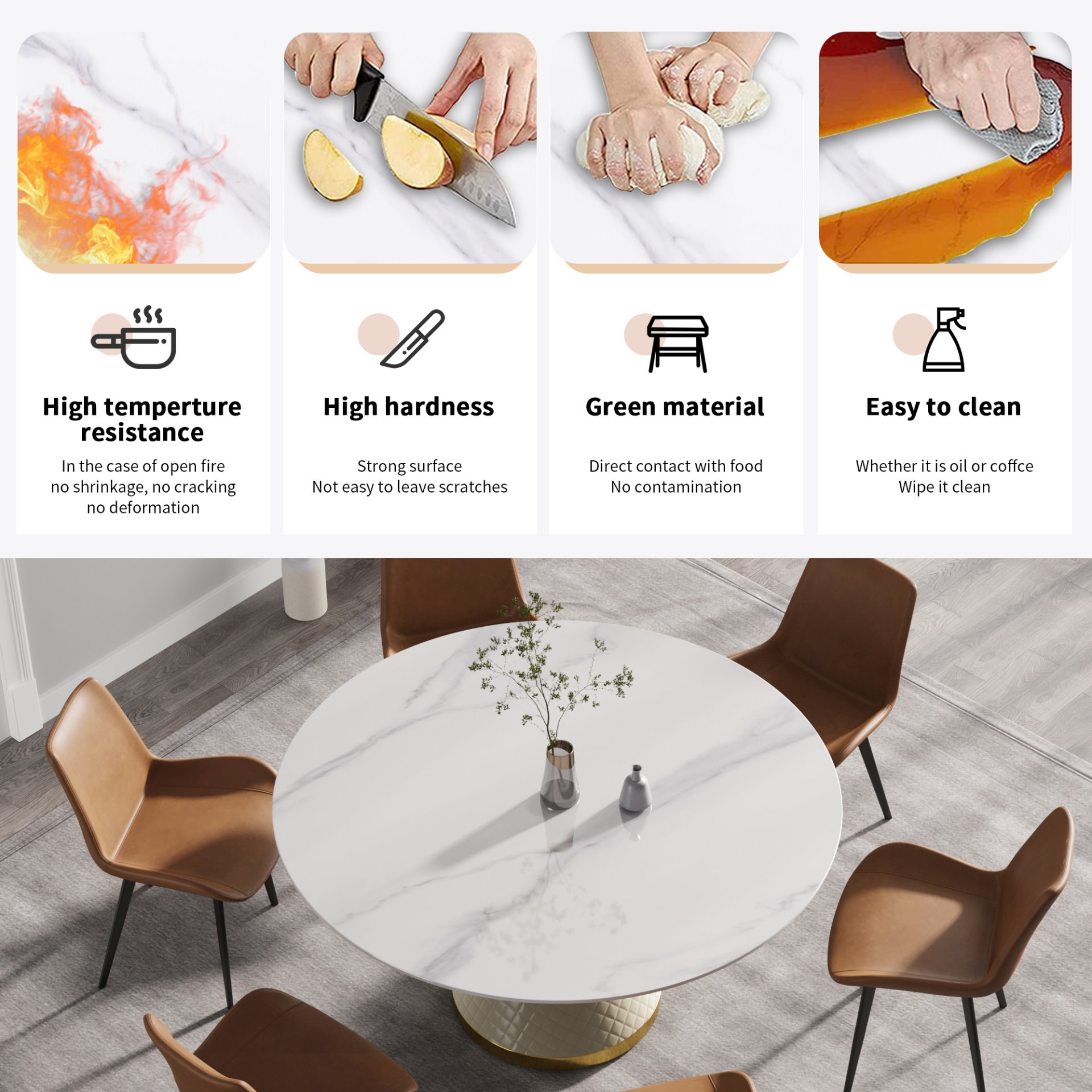 59.05" Modern Artificial Stone Round Carbon Steel Base Dining Table, Can Accommodate 6 People - White - Image 8