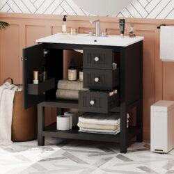 Transitional Style Bathroom Vanity Cabinet Combo With Ceramic Sink, Soft Close Door - Black