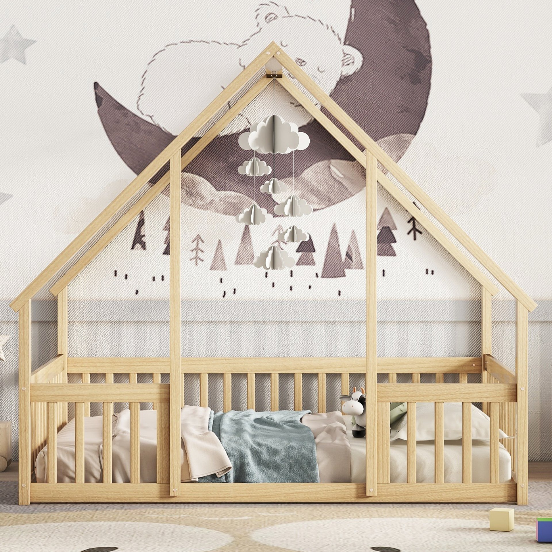 Full Wood House-Shaped Floor Bed With Fence, Guardrails - Natural - Image 2