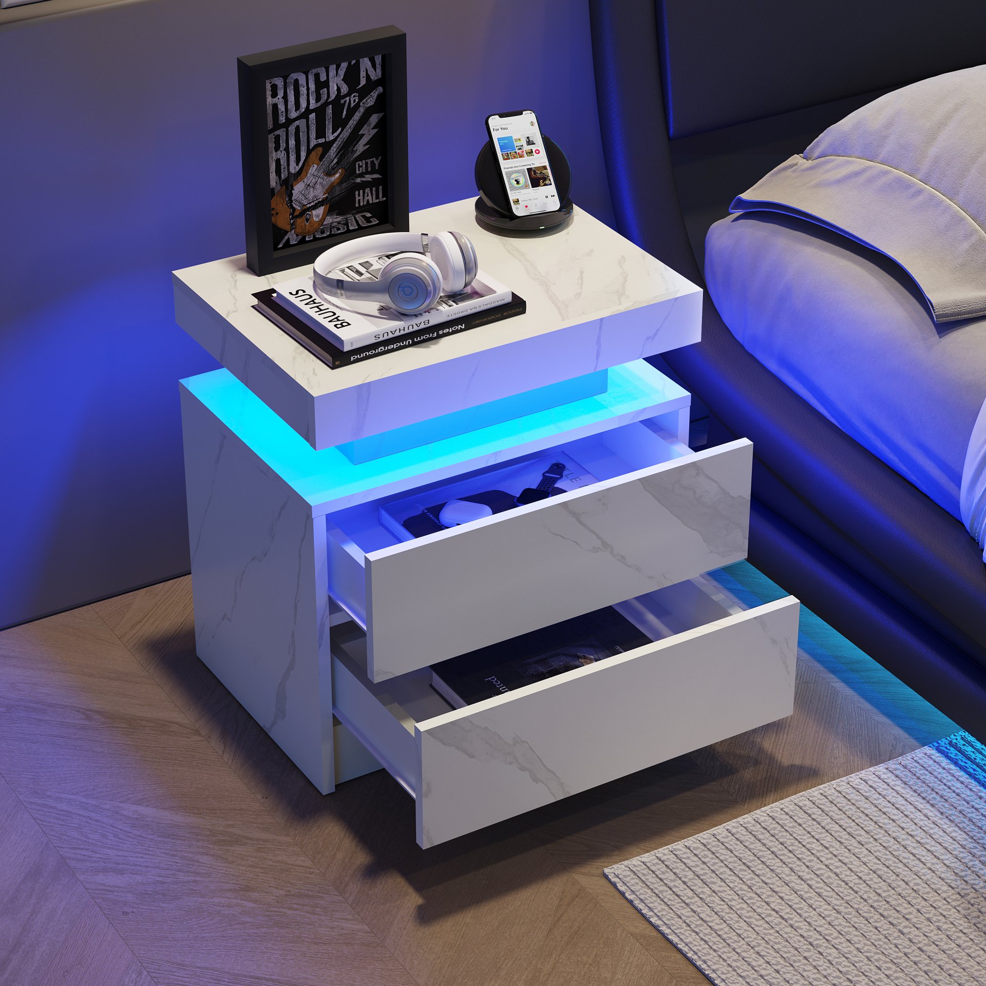 Nightstand LED Bedside Table Cabinet Ligh Modern End Side With 2 Drawers For Bedroom - Matte White - Image 3
