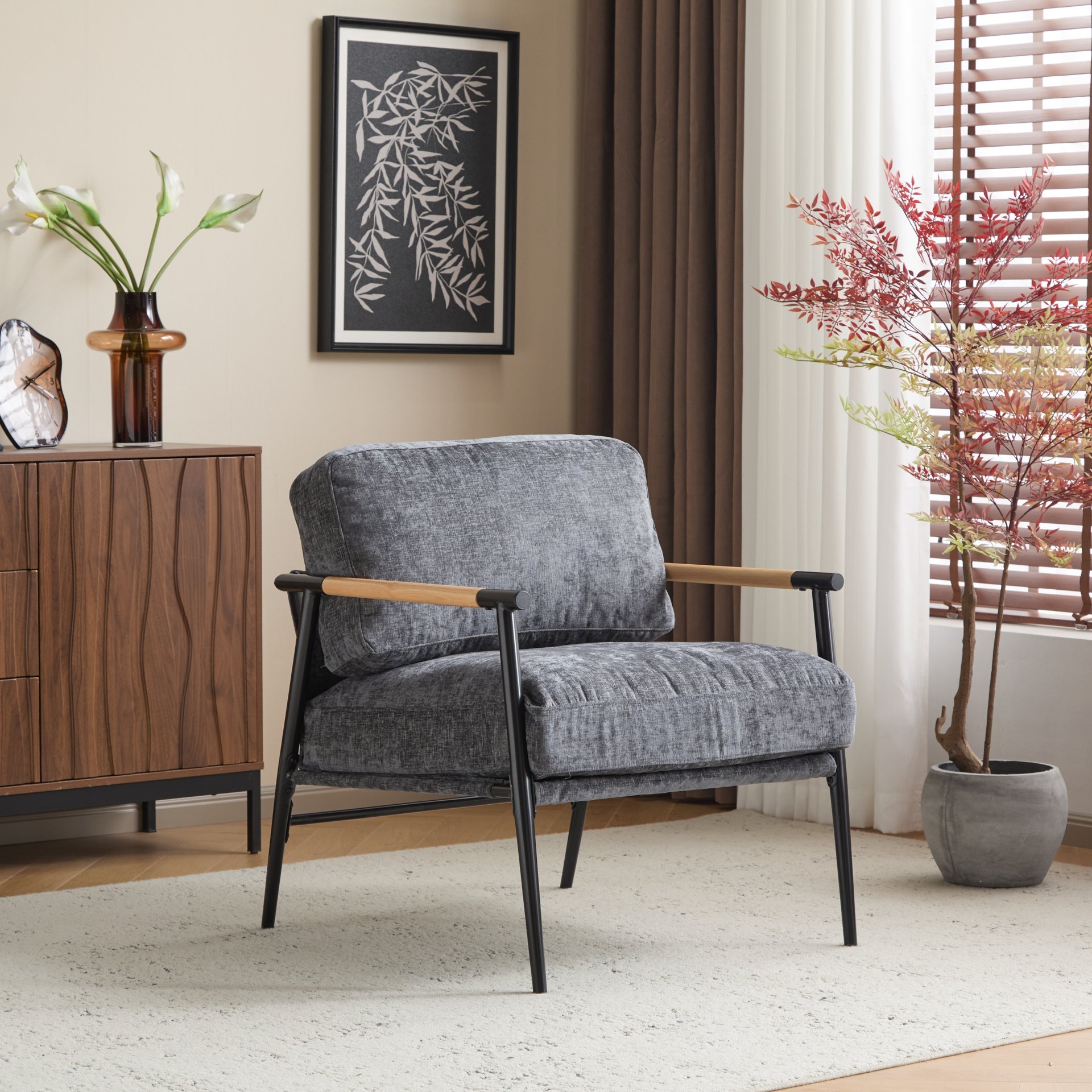 Modern Accent Chair With Plush Cushions, Minimalist Metal Frame, Wooden Armrest - Gray - Image 2
