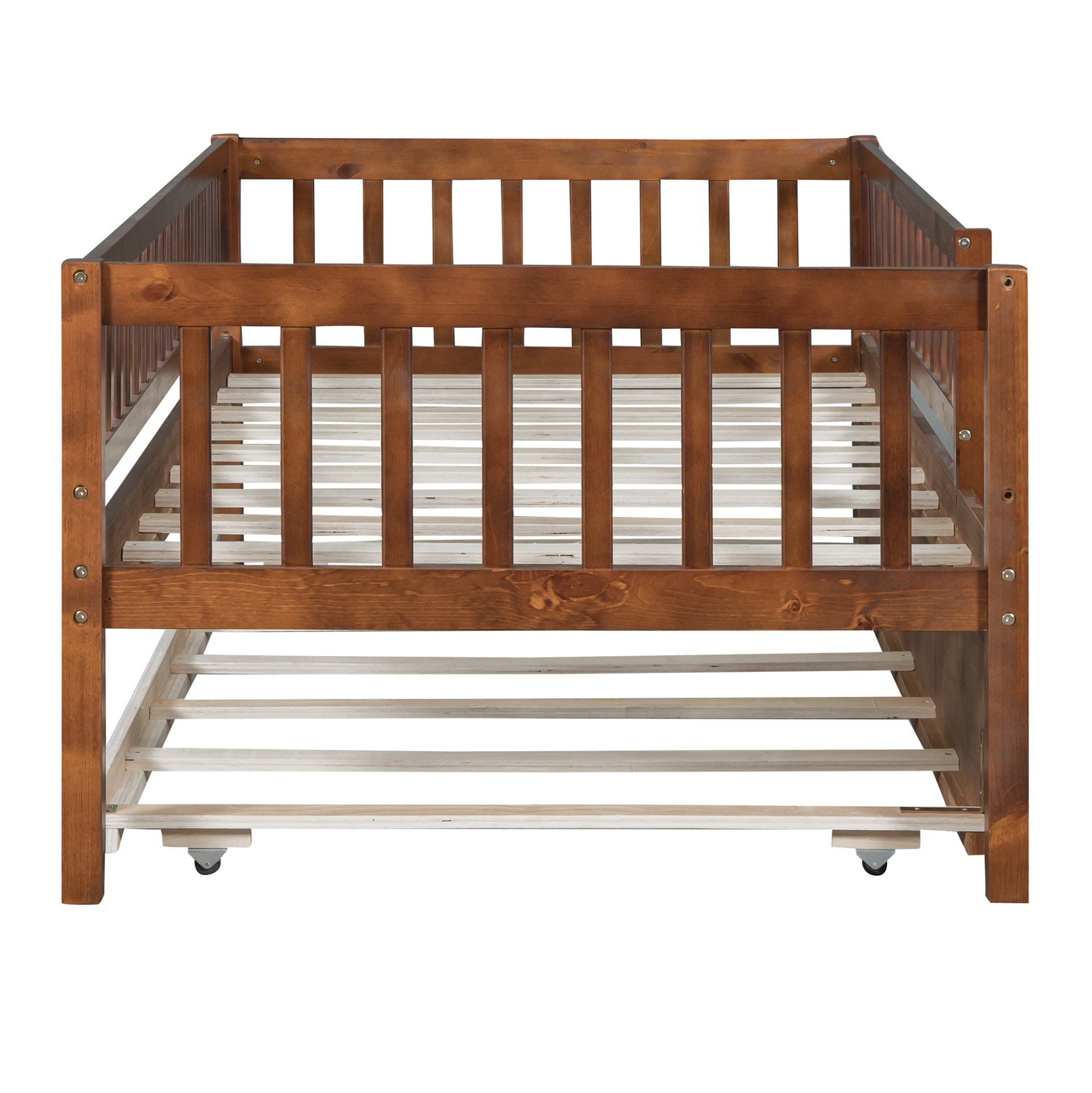 Twin Size Daybed With Trundle And Fence Guardrails - Walnut - Image 7