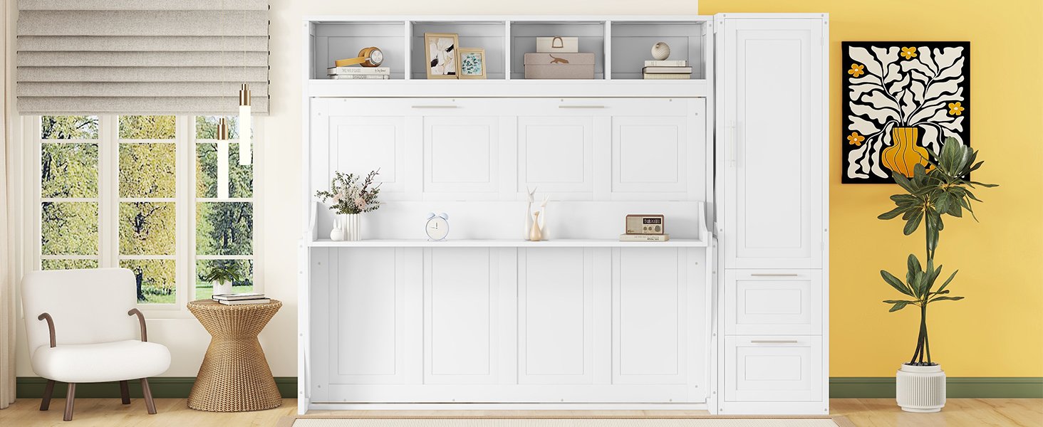 Queen Size Murphy Wall Bed With Closet And Drawers - White - Image 19