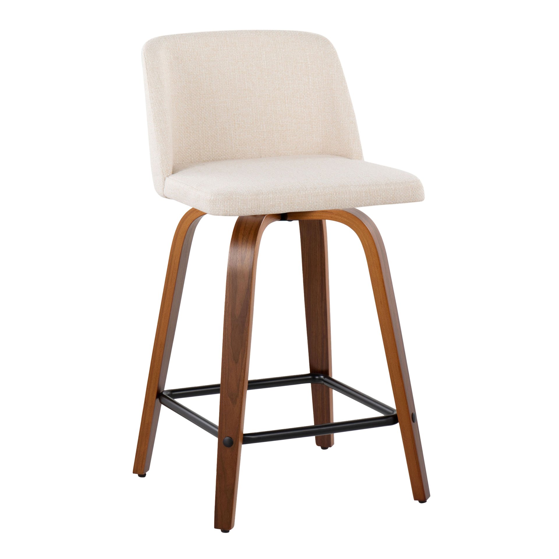 Toriano - Mid-Century Modern Fixed Height Counter Stool With Swivel & Square Footrest (Set of 2) - Walnut / Cream - Image 2