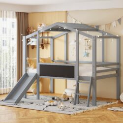 Twin Size Loft House Bed With Ladder And Slide, With Blackboard And Light Strip On The Roof - Gray