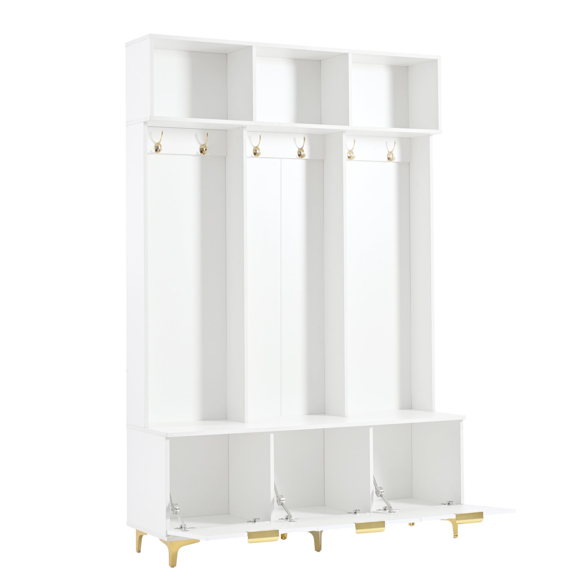 Modern Large Storage Hall Tree With Bench, Luxurious Coat Rack With 6 Hooks And Legs For Entryway, Living Room - White / Gold - Image 12