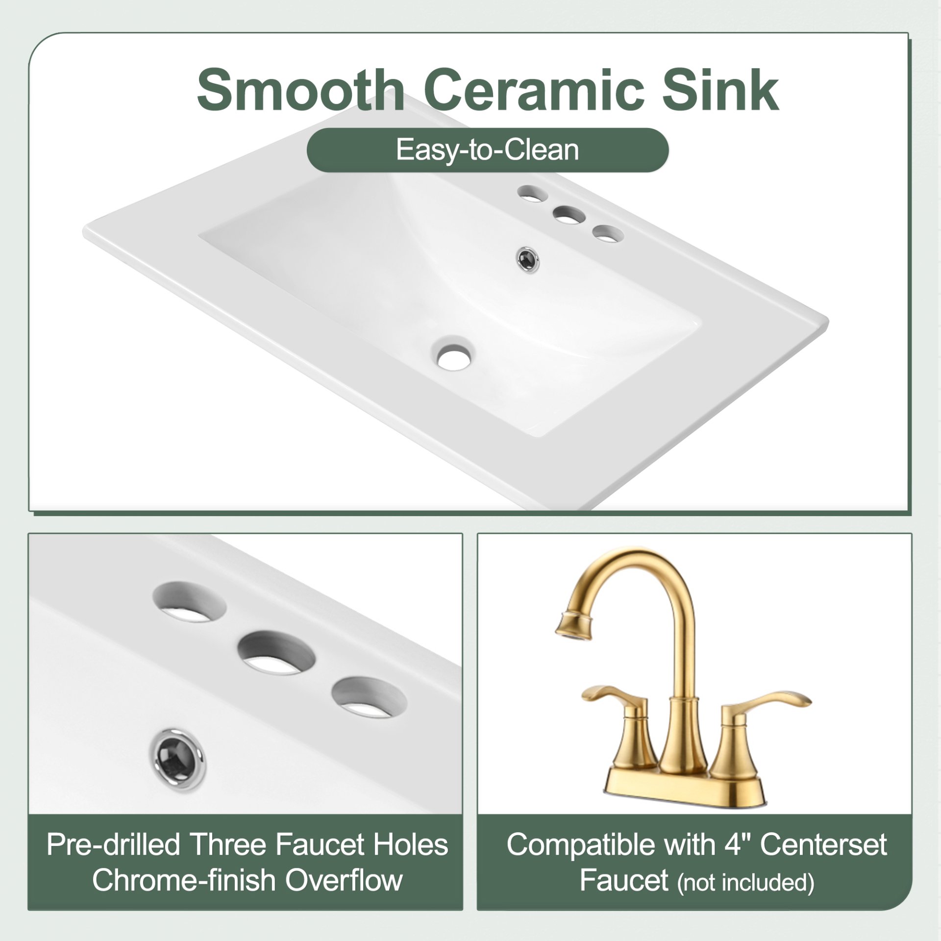 Solid Wood And 24" Bathroom Vanity With Sink, Deep Drawer, Door Shelf, 2 Tier Basket - Green - Image 8