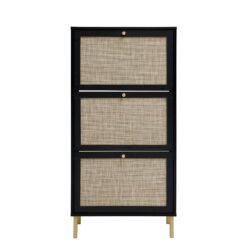 Modern Rattan 3 Door Shoe Rack Cabinet For Entryway Freestanding Black Storage Unit In Particle Board - Black