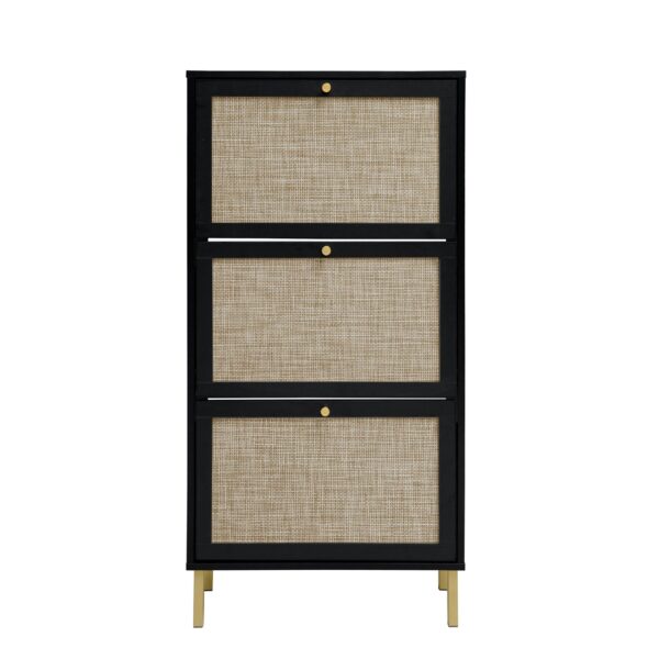 Modern Rattan 3 Door Shoe Rack Cabinet For Entryway Freestanding Black Storage Unit In Particle Board - Black