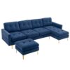 Elegant Convertible L - Shape Sectional Sofa Couch With Movable Ottoman, Velvet Upholstery - Blue - Image 23
