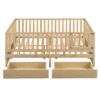 Full Size Daybed With Fence Guardrails And 2 Drawers, Split Into Independent Floor Bed & Daybed - Natural - Image 2