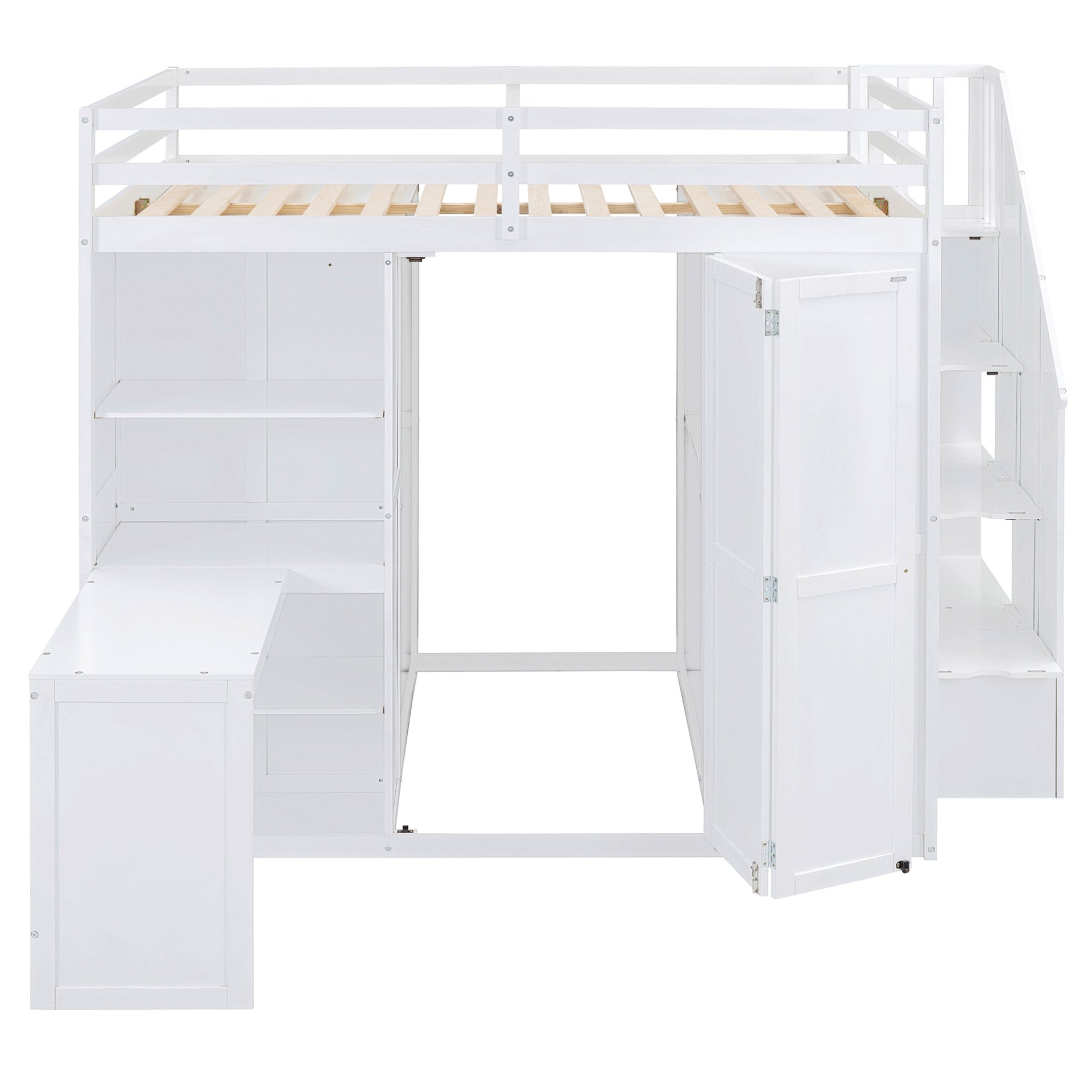 Full Size Loft Bed With Wardrobe, Desk And Shelves - White - Image 5