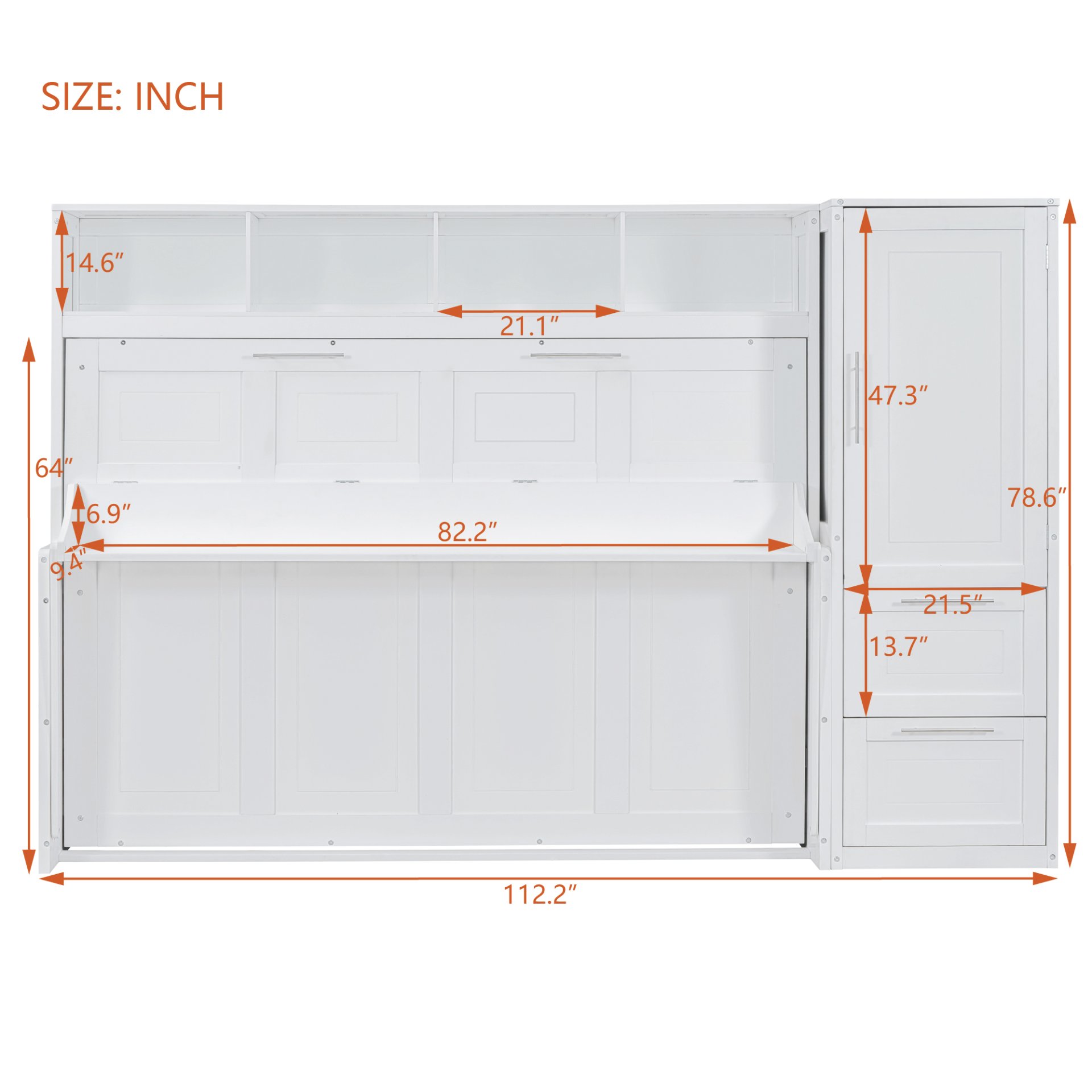 Queen Size Murphy Wall Bed With Closet And Drawers - White - Image 7