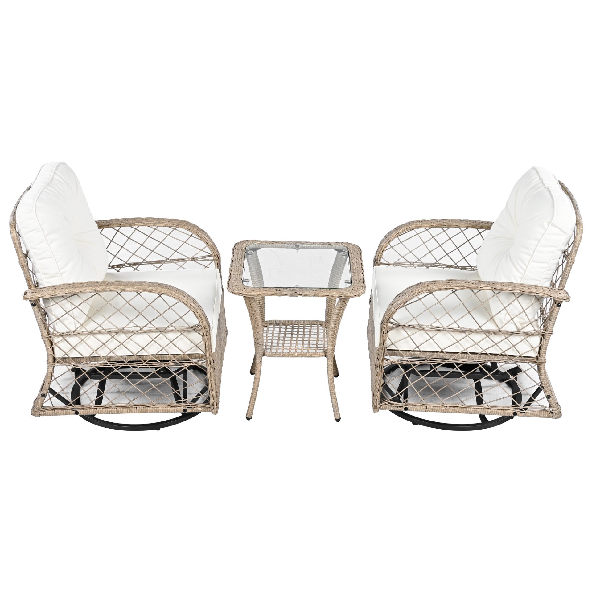 3 Piece Outdoor Chair & Table Set Chat Set 2 Person Rattan Seating Group With 2 Swiveling And Rocking Chairs And A Square Table For Garden, Patio, Or Balcony - Natural - Image 15