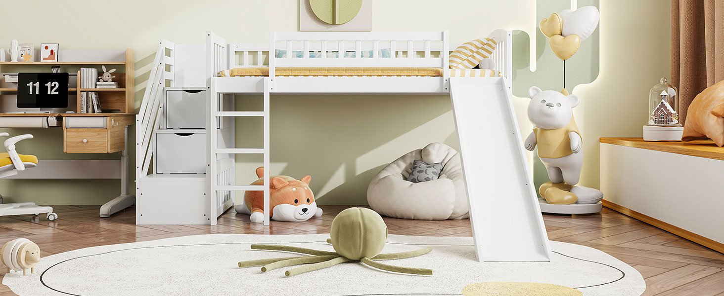 Twin Size Loft Stairway Bed With 2 Drawers And Slide - White - Image 16