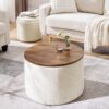 Classic 2 Piece Round Chenille Storage Ottoman Set With Drum Shaped Stool And Desktop Panel - Beige - Image 6