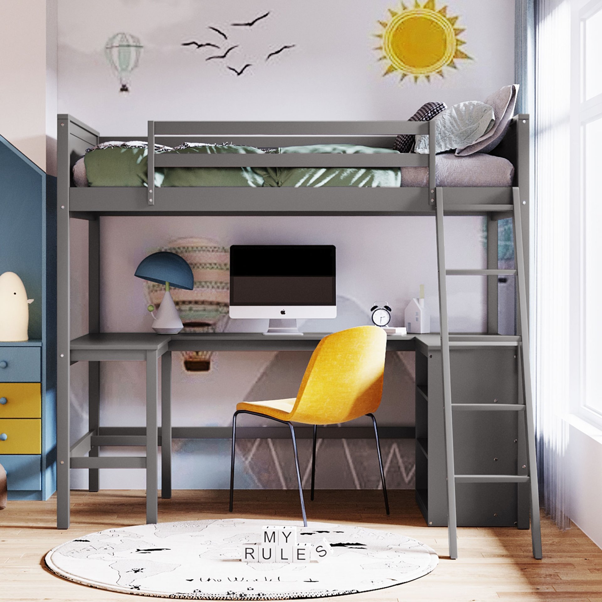 Twin Size Loft Bed With Shelves With Desk - Gray - Image 2