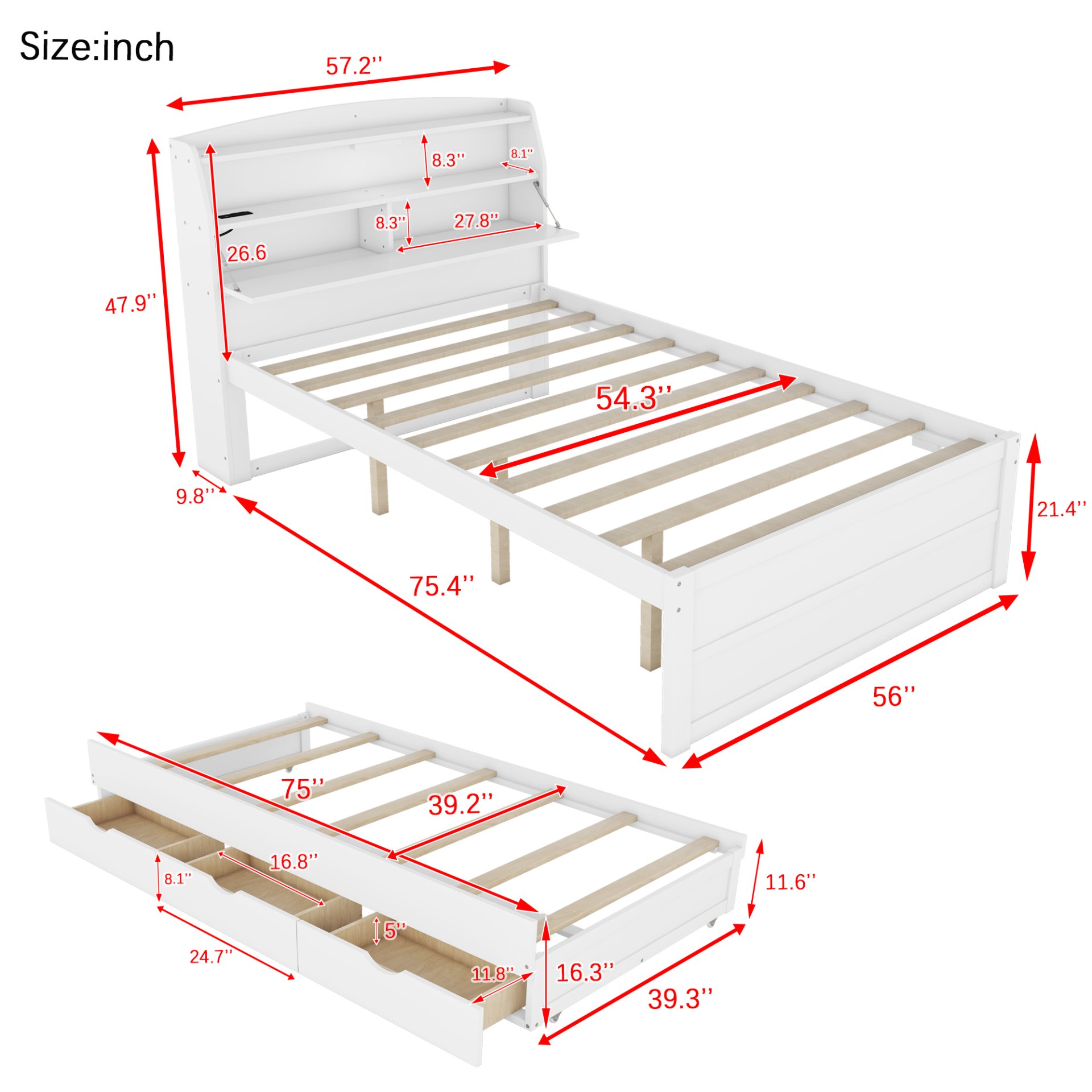 Full Size LED Platform Bed With Trundle With Storage Headboard With Drawers - White - Image 7