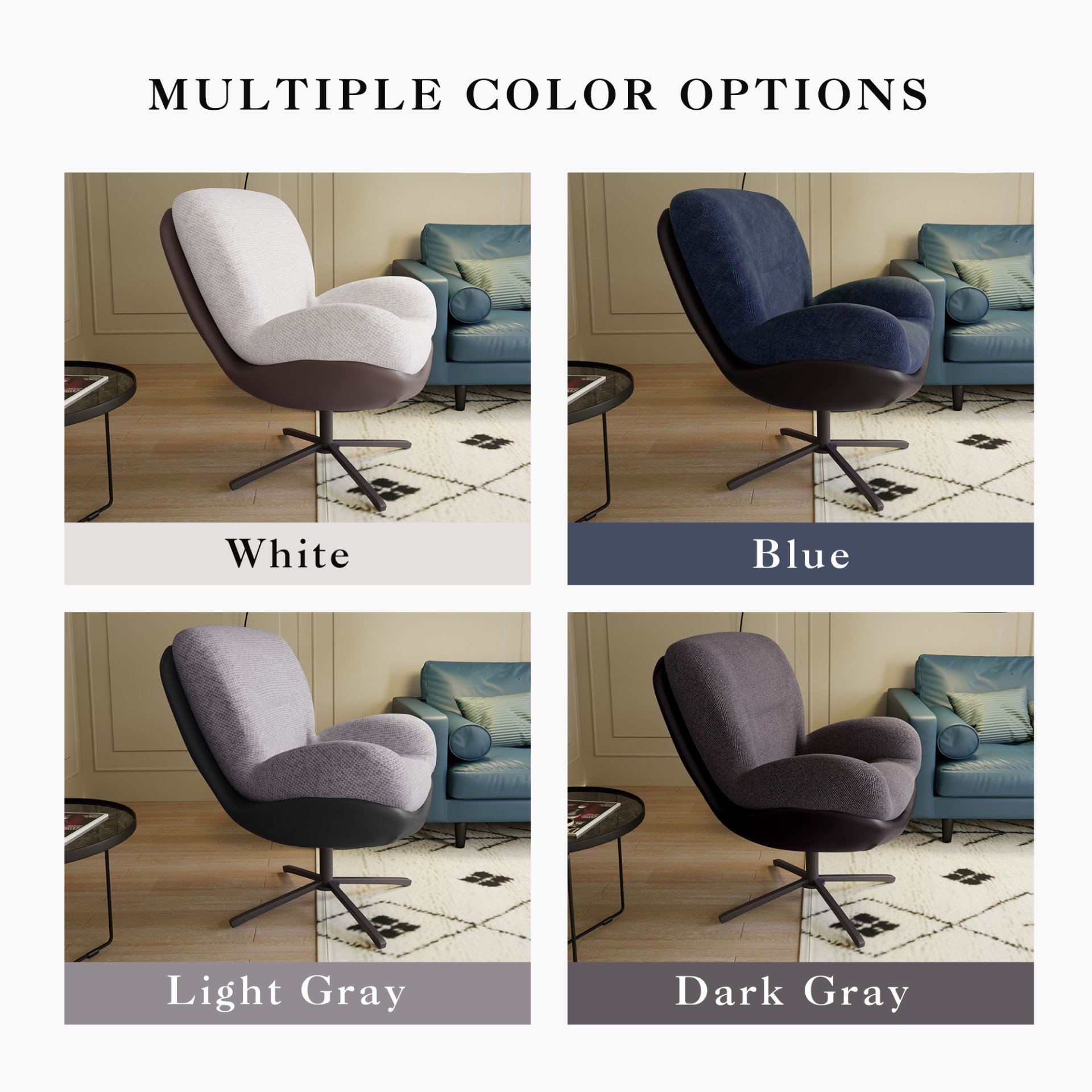 360° Swivel Office Chair, Modern Chenille Chair With And Metal Base Frame, No Wheels, Accent Chair - White - Image 9