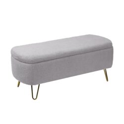 Storage Ottoman Bench For End Of Bed Gold Legs, Modern Gray Faux Fur Entryway Bench Upholstered Padded With Storage For Living Room Bedroom - Gray