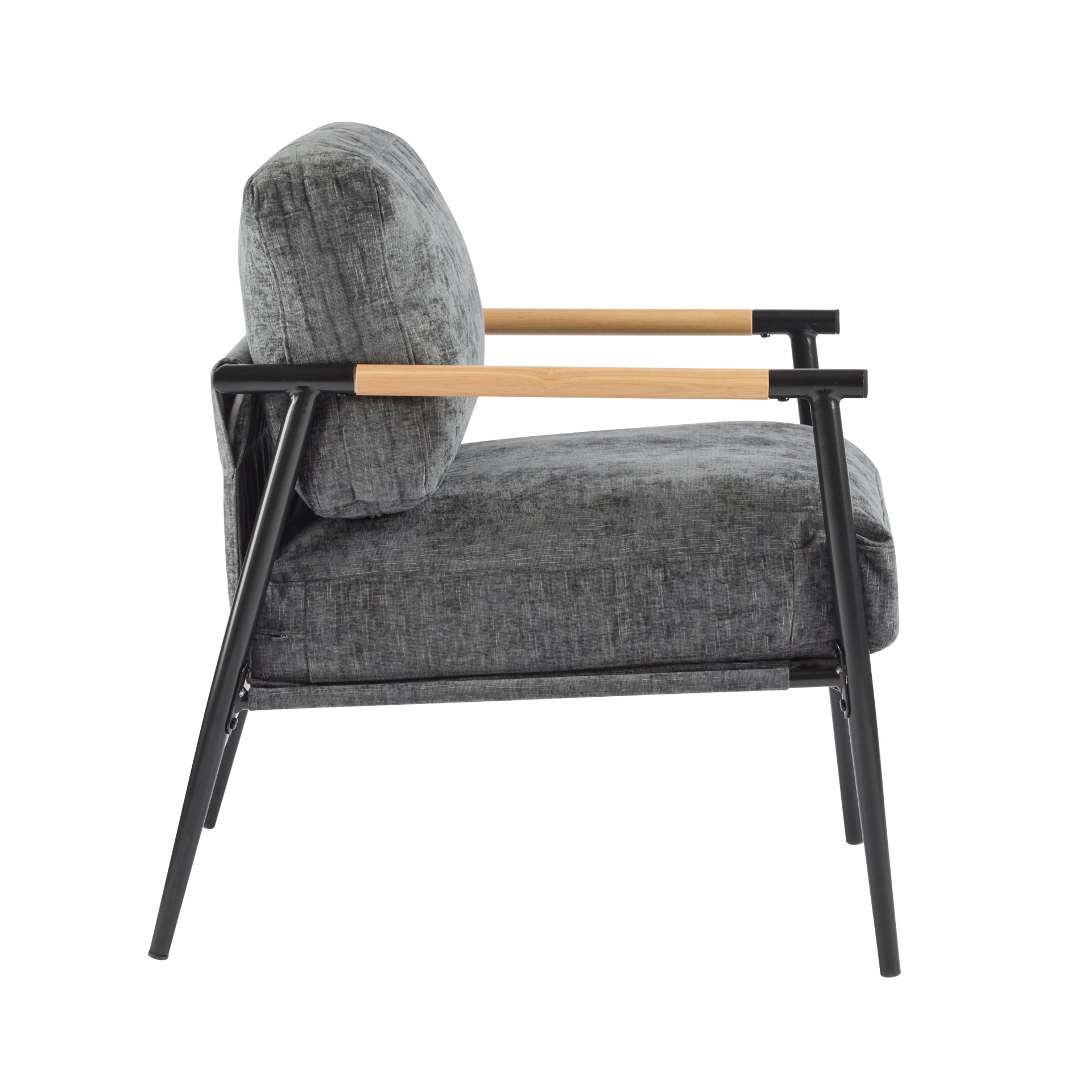Modern Accent Chair With Plush Cushions, Minimalist Metal Frame, Wooden Armrest - Gray - Image 10