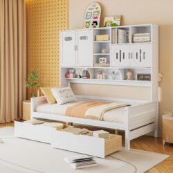Twin Size Daybed With 2 Drawers And All In One Cabinet And Shelf - White