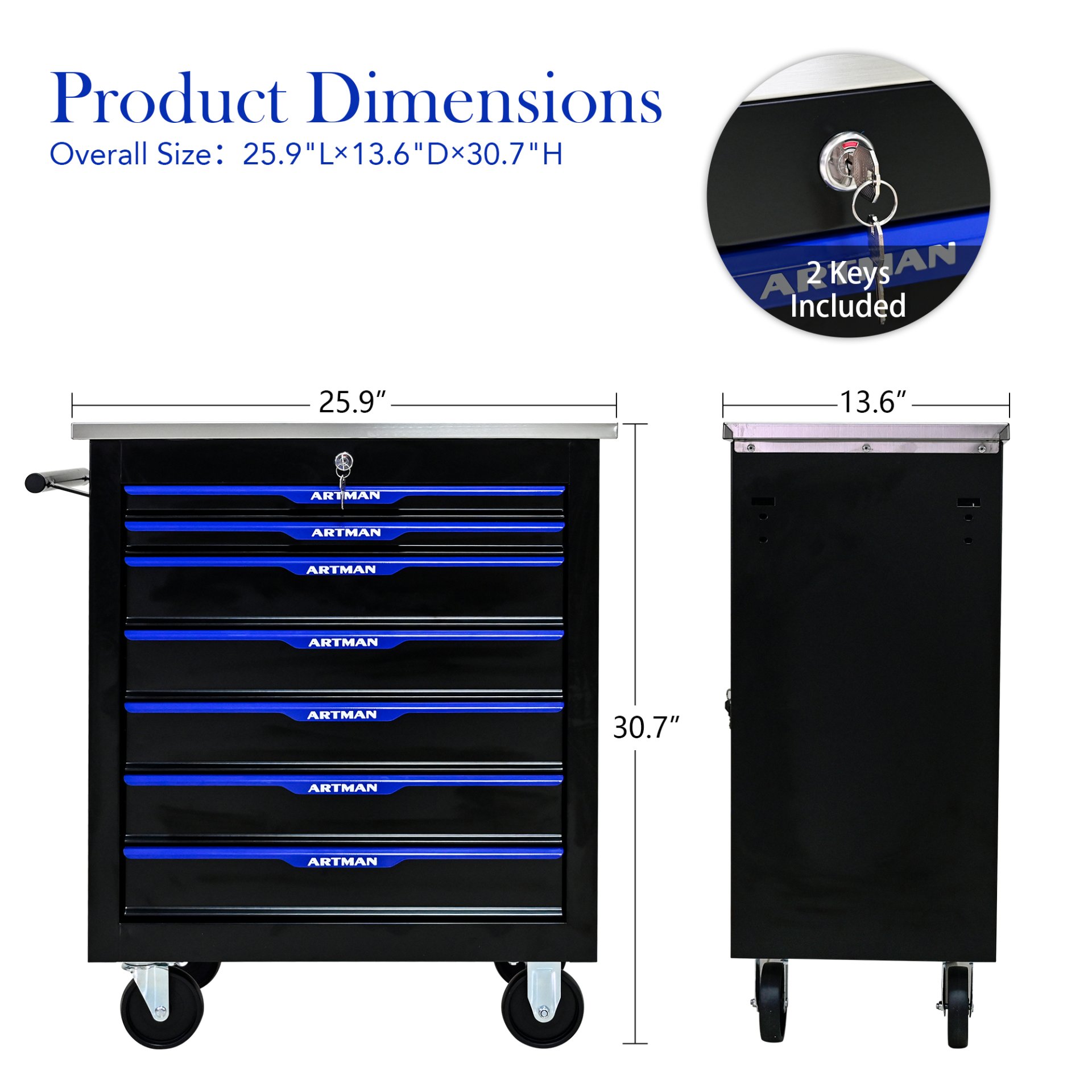 7 Drawer Multifunctional Tool Cart With Wheels - Black / Blue - Image 5