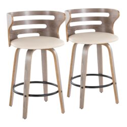 Cosini - Mid-Century Modern Fixed Height Barstool With Swivel And Round Footrest (Set of 2) - Light Gray / Cream
