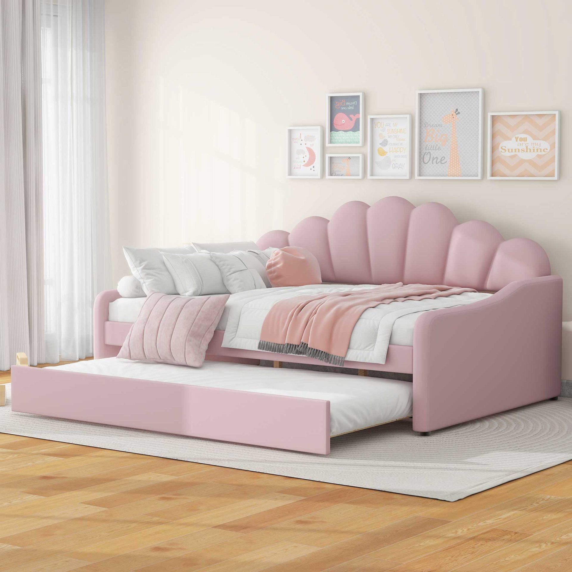 Full Size Upholstery Daybed Frame With Shell Shaped Backrest And Trundle - Pink - Image 5