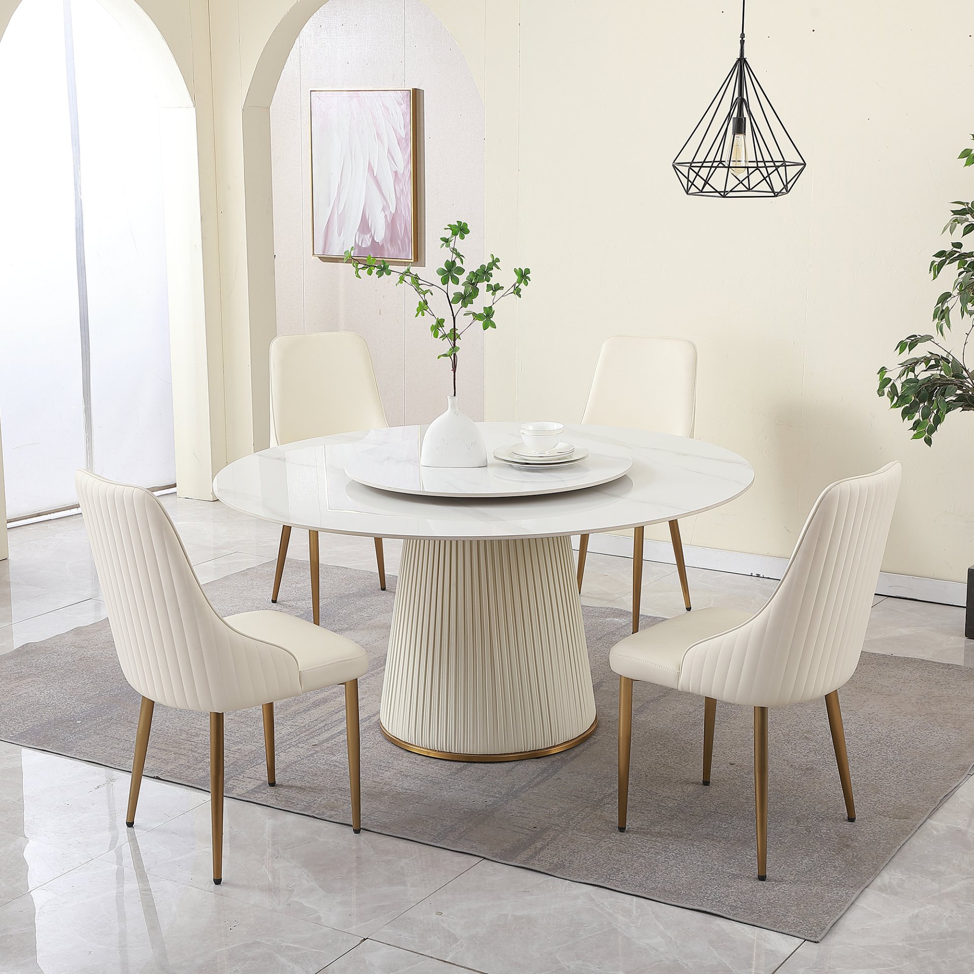 Modern Sintered Stone Dining Table With Round Turntable, Wood And Metal Pedestal, 8 Chairs - White - Image 4